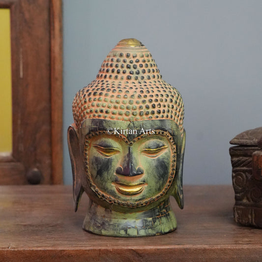 Mottled Patina Buddha Head with Beaded Face Border 9"