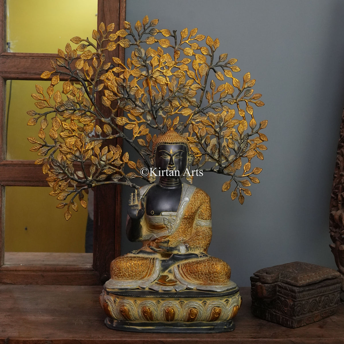 Grand Brass Buddha Beneath the Gilded Bodhi Tree 28"