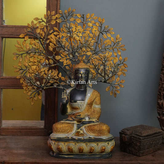 Grand Brass Buddha Beneath the Gilded Bodhi Tree 28"