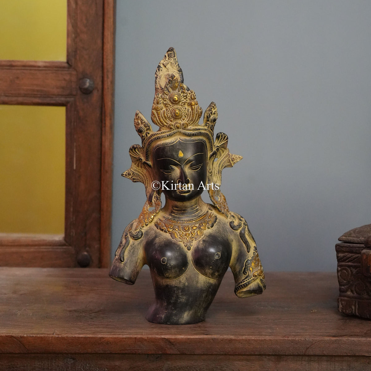 Crowned Brass Tara Bust in Antique Dark Finish 13.5"