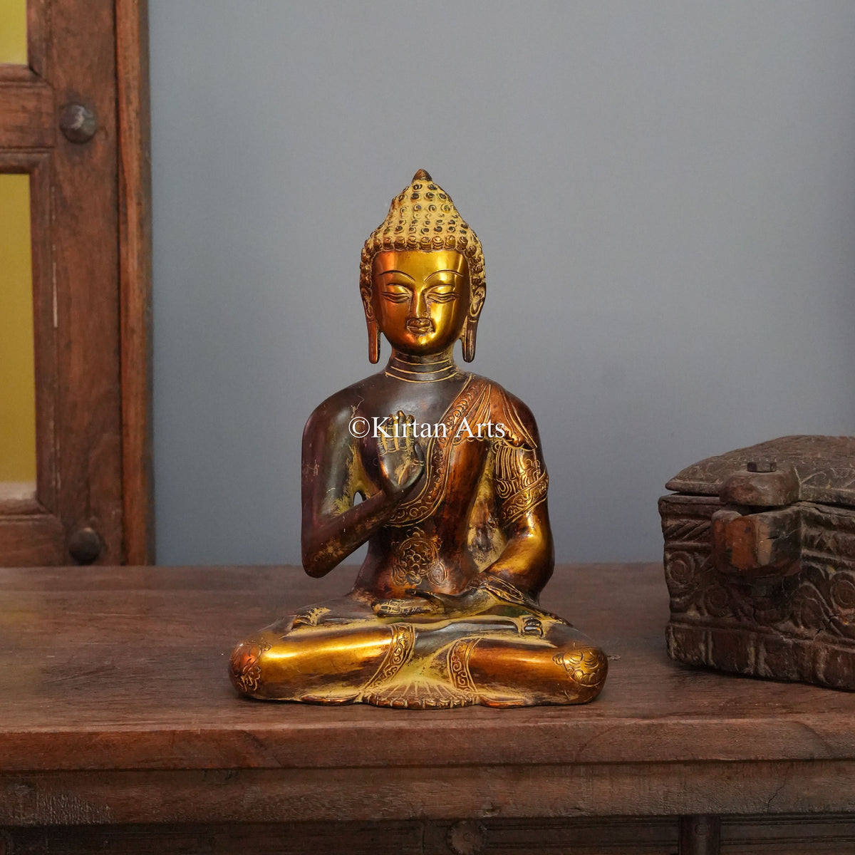 Antique Copper-Gold Brass Buddha with Teaching Mudra