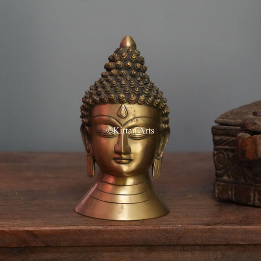 Antique Brass Buddha Head with Pointed Ushnisha 8"