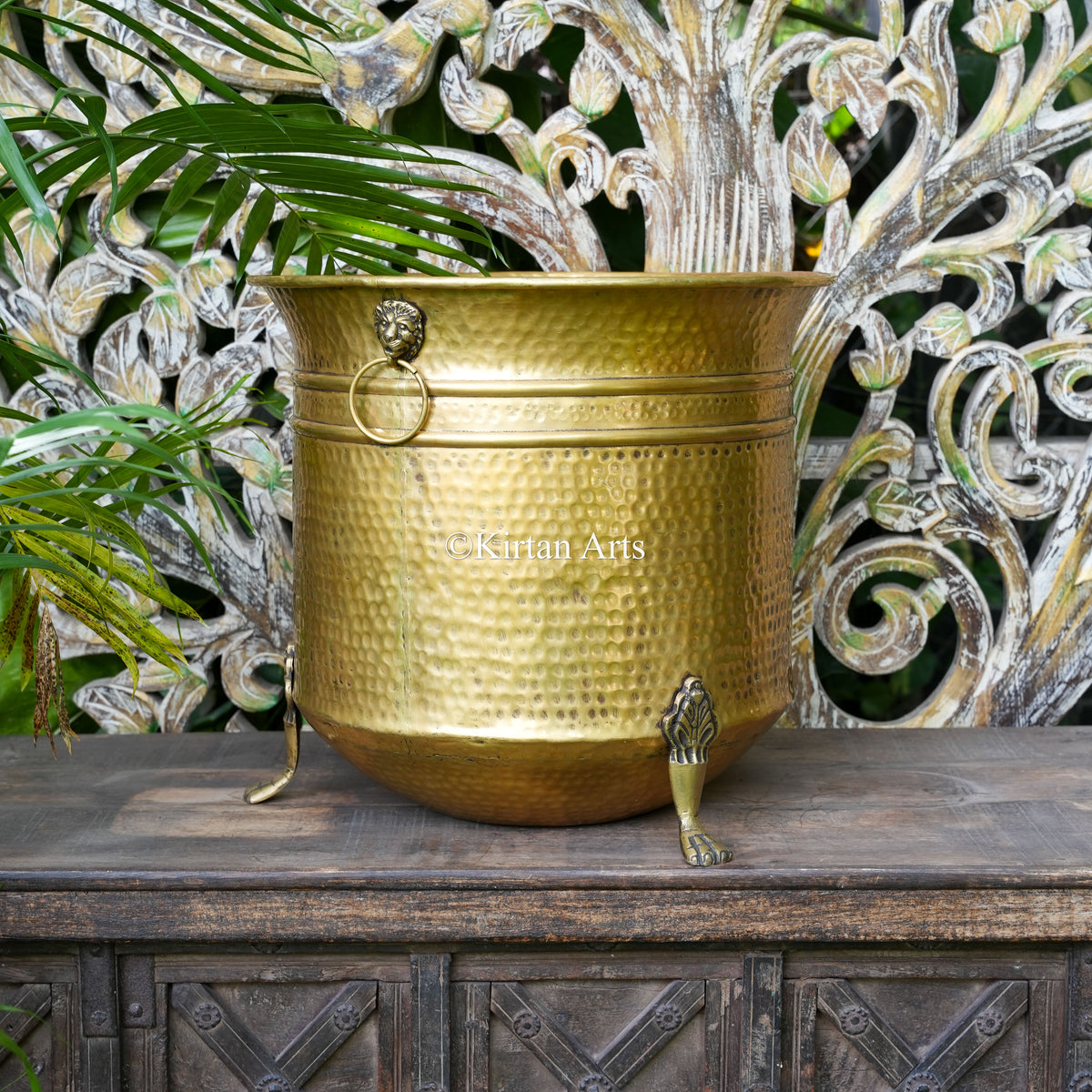 Handcrafted Hammered Brass Planter with Lion Ring Handles 15"