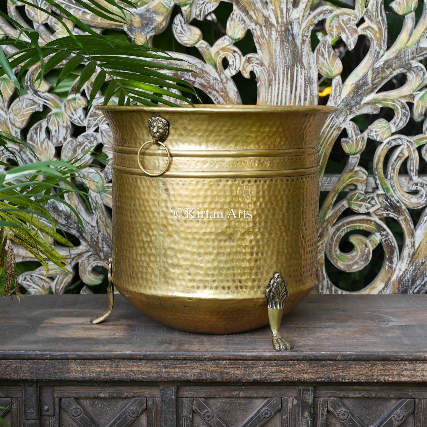 Handcrafted Hammered Brass Planter with Lion Ring Handles 15"