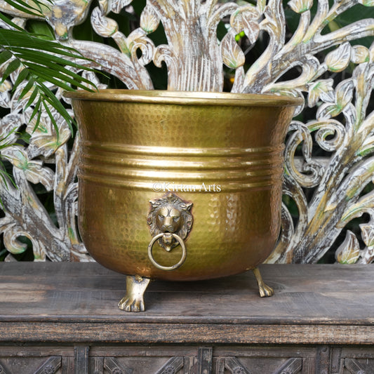 Handcrafted Hammered Solid Brass Lion Planter 16" | Heavy Version