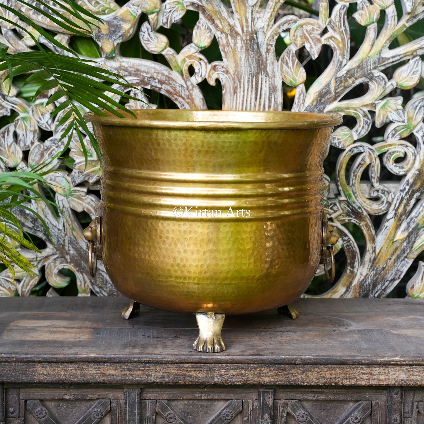 Handcrafted Hammered Solid Brass Lion Planter 16" | Heavy Version