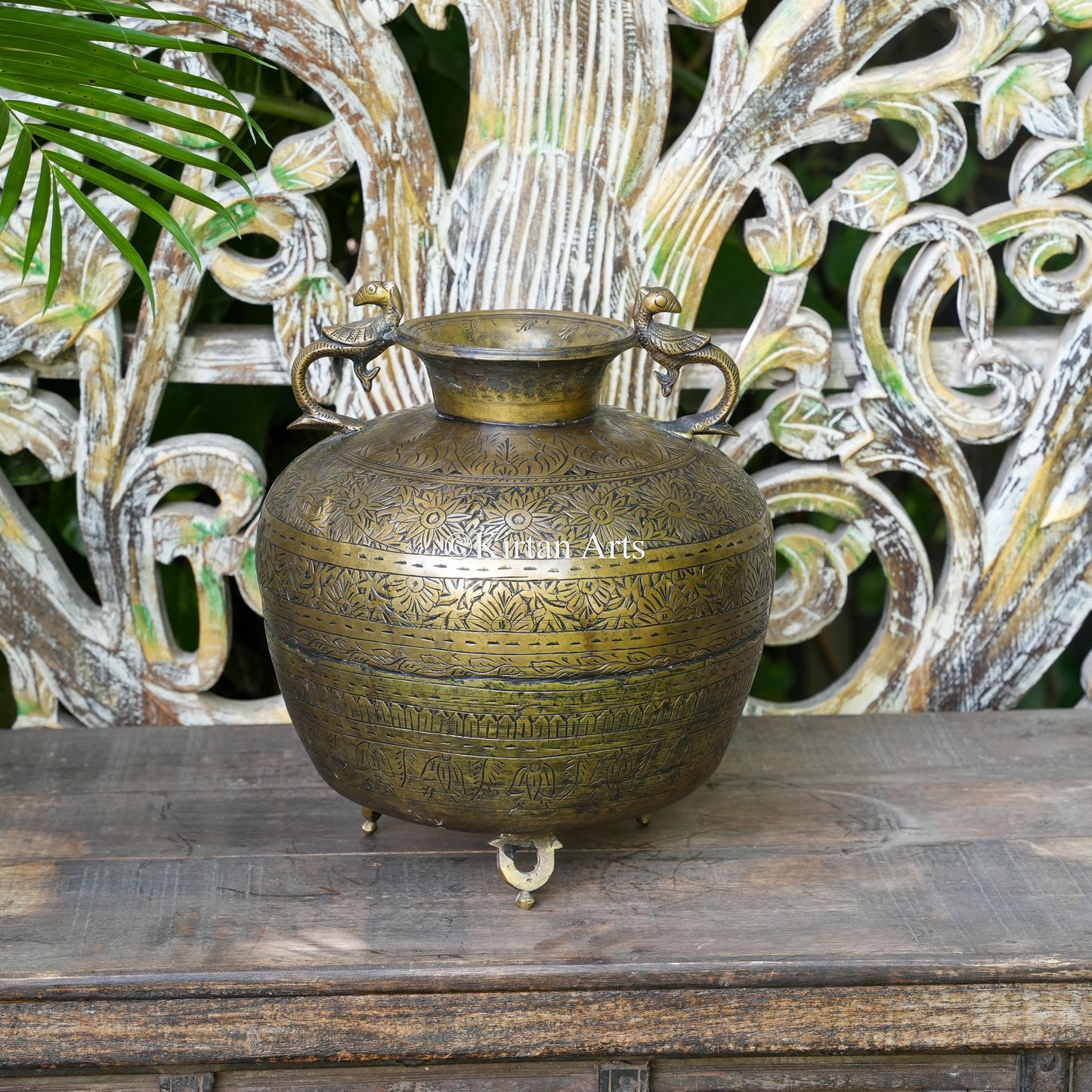 Brass Vintage Carved Planter with Peacock Handles 13"