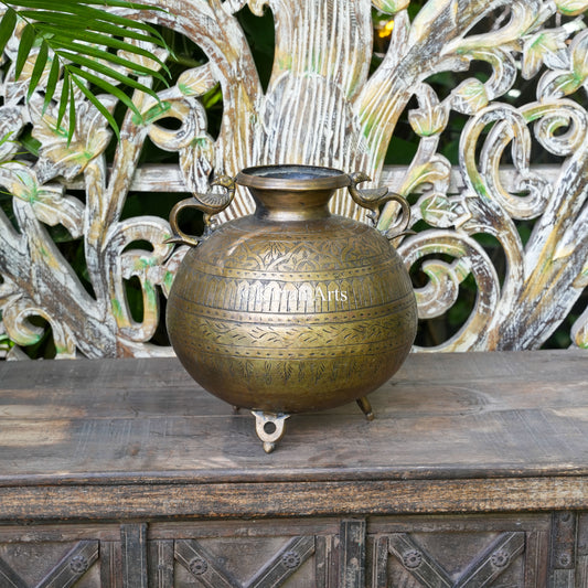 Brass Vintage Carved Planter with Peacock Handles 12"
