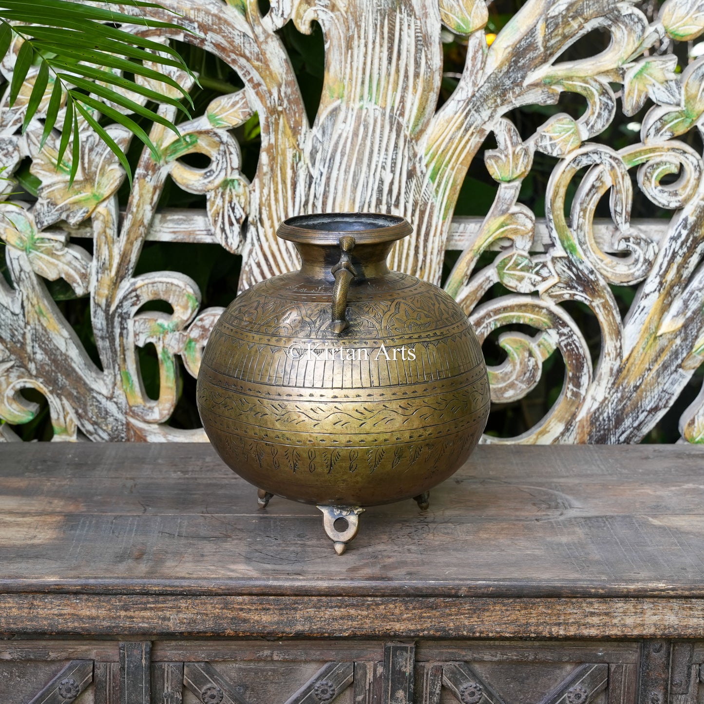 Brass Vintage Carved Planter with Peacock Handles 12"