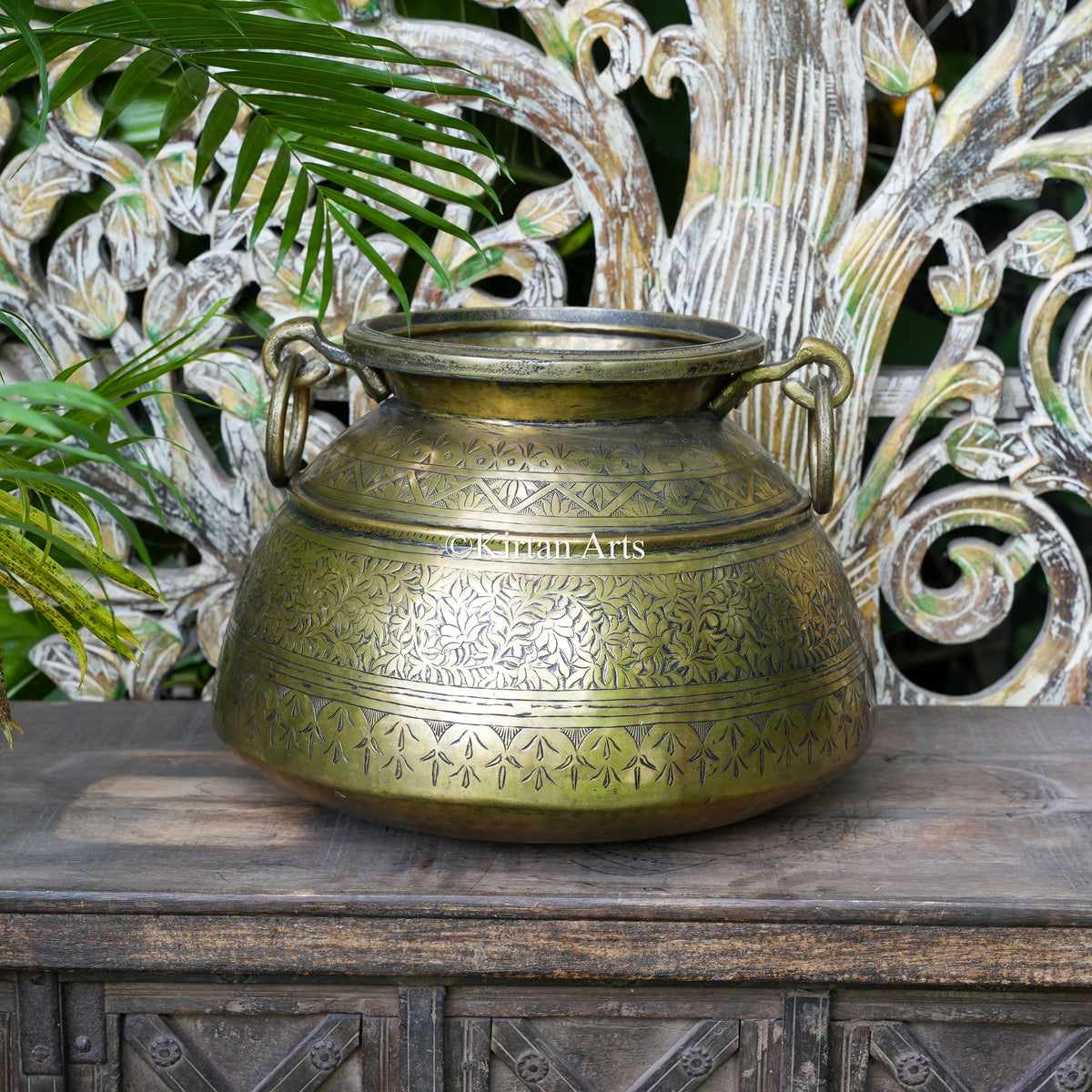 Hand-Carved Brass Handi Planter with Ring Handles 13"