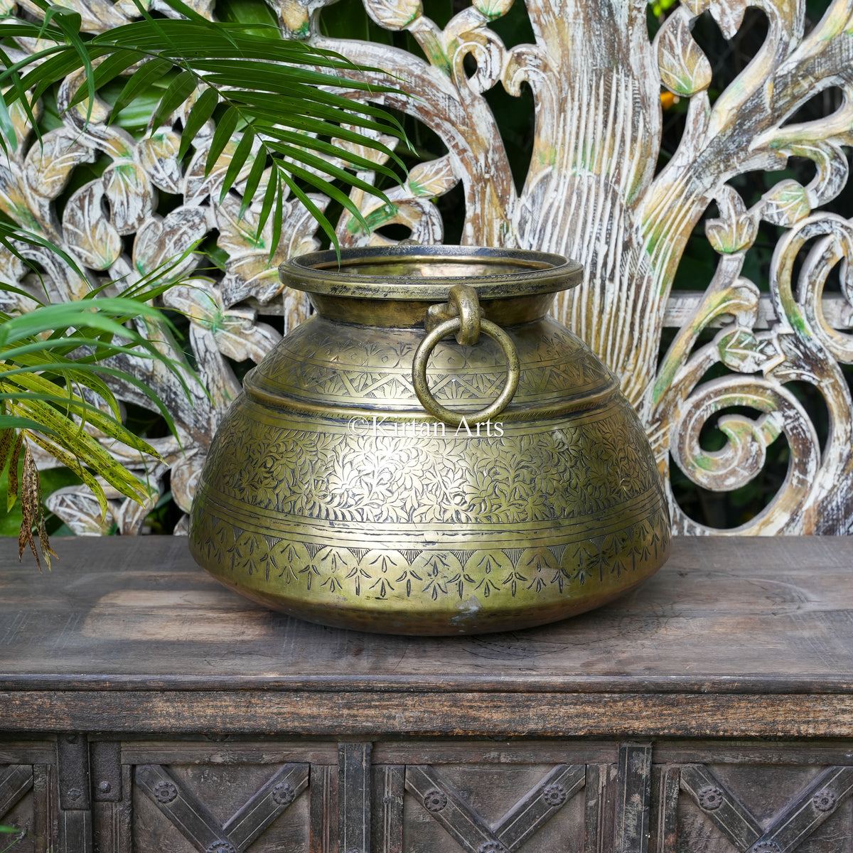 Hand-Carved Brass Handi Planter with Ring Handles 13"