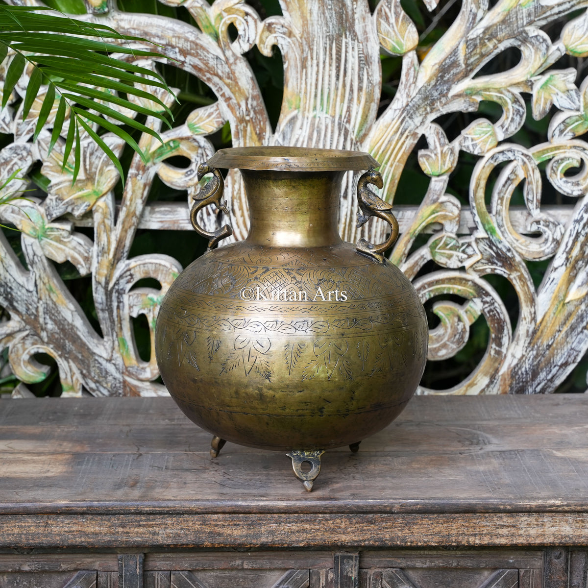Brass Vintage Carved Amphora Planter with Peacock Handles 14"