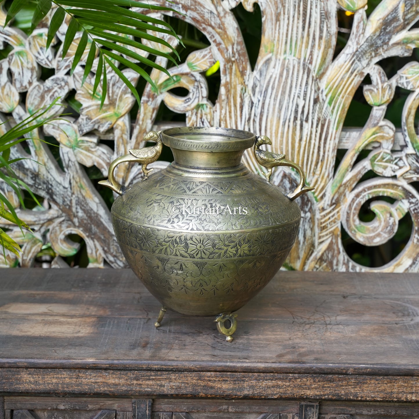 Brass Vintage Carved Amphora Planter with Peacock Handles 12"