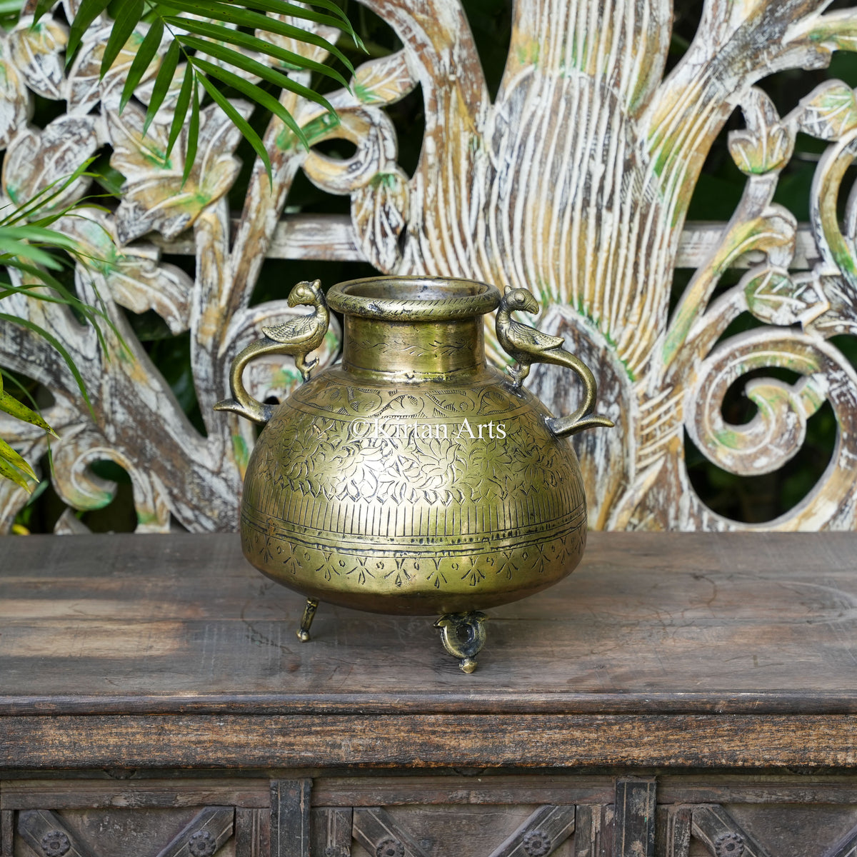 Brass Vintage Carved Mini Planter with Peacock Handles