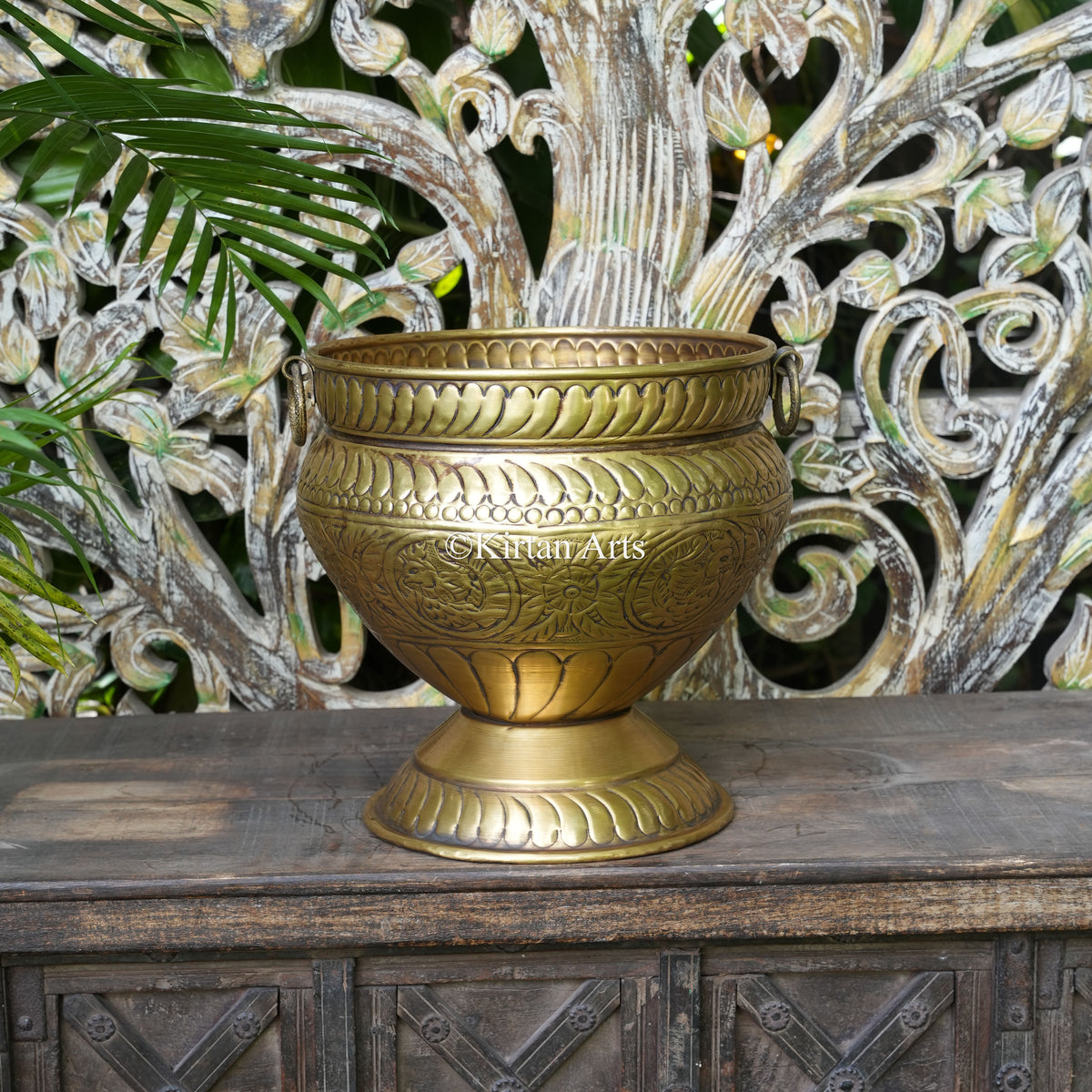Brass Vintage Carved Pedestal Bowl Planter 13" | Lightweight