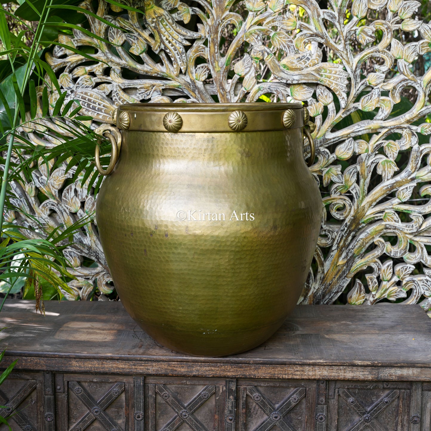 Large Hammered Brass Planter with Rosette Rim and Ring Handles 24"
