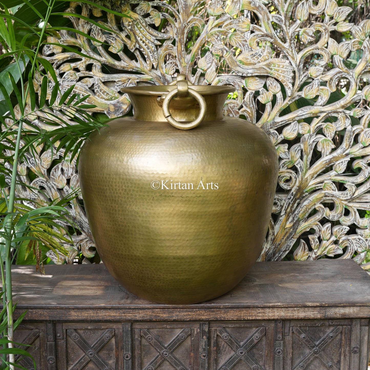 Large Hammered Brass Pot with Ring Handle 25.5"