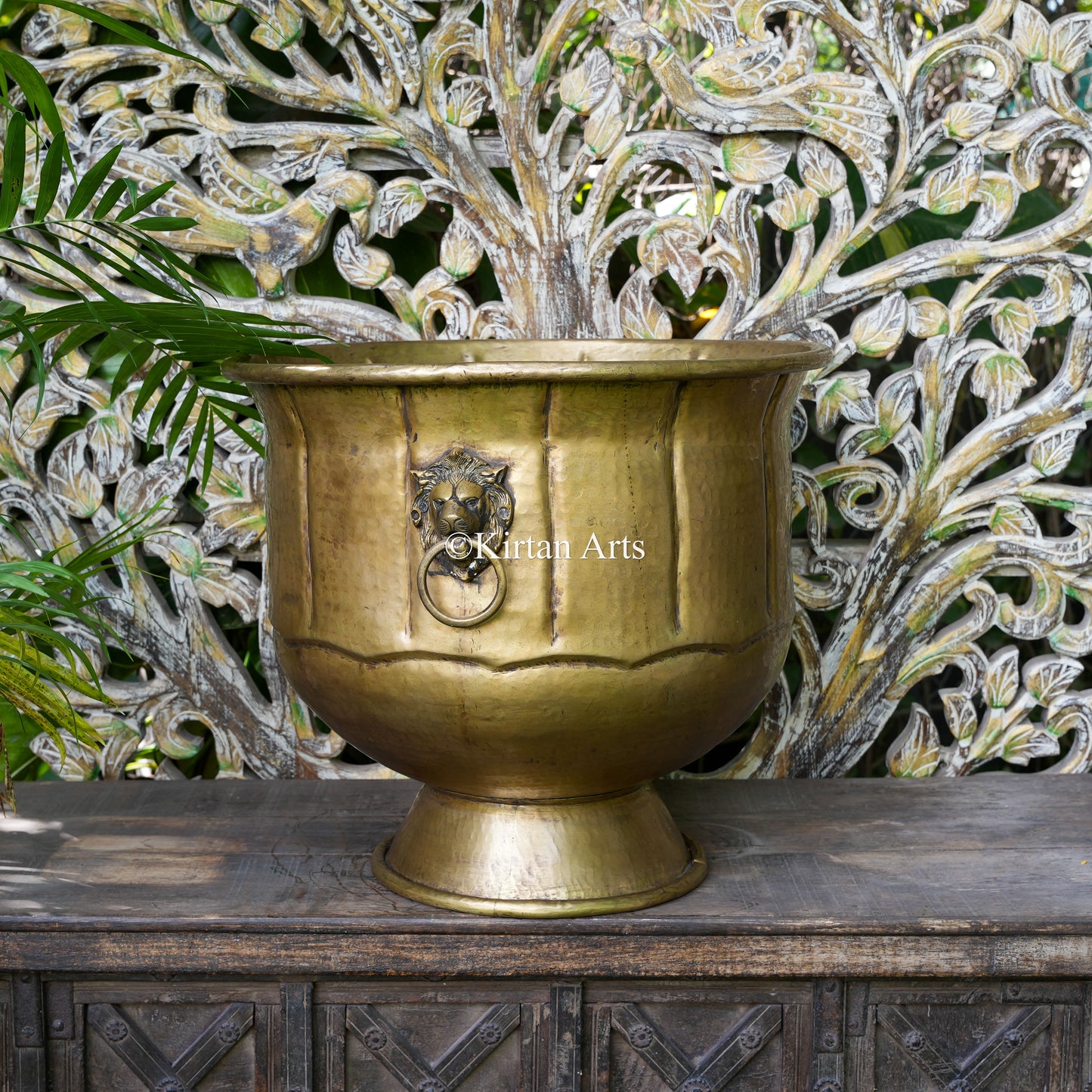Large Hammered Brass Planter with Lion Handles 18"