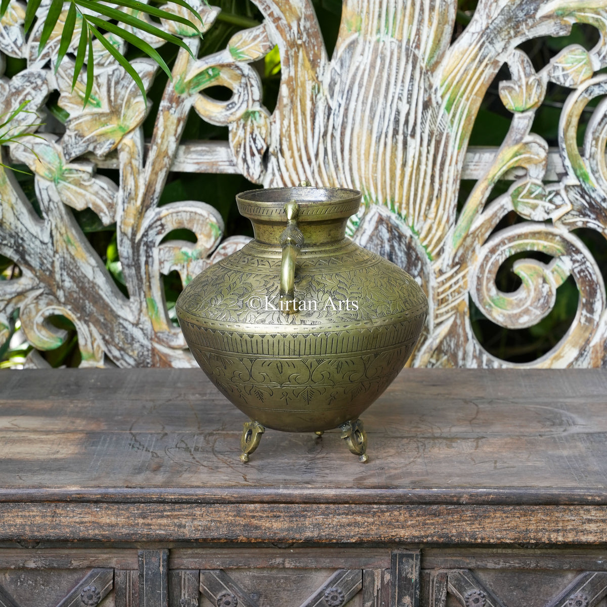 Brass Vintage Carved Planter with Peacock Handles 10"