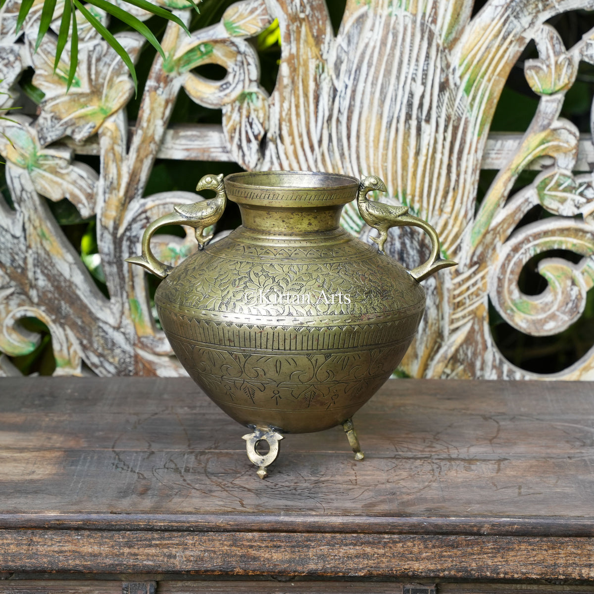 Brass Vintage Carved Planter with Peacock Handles 10"