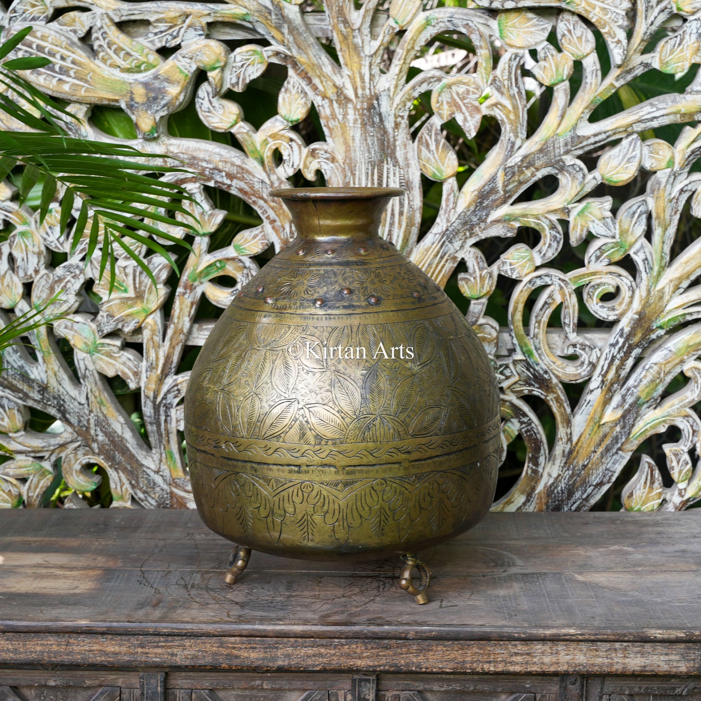 Brass Vintage Carved Beehive Planter with Copper Rivets 18"