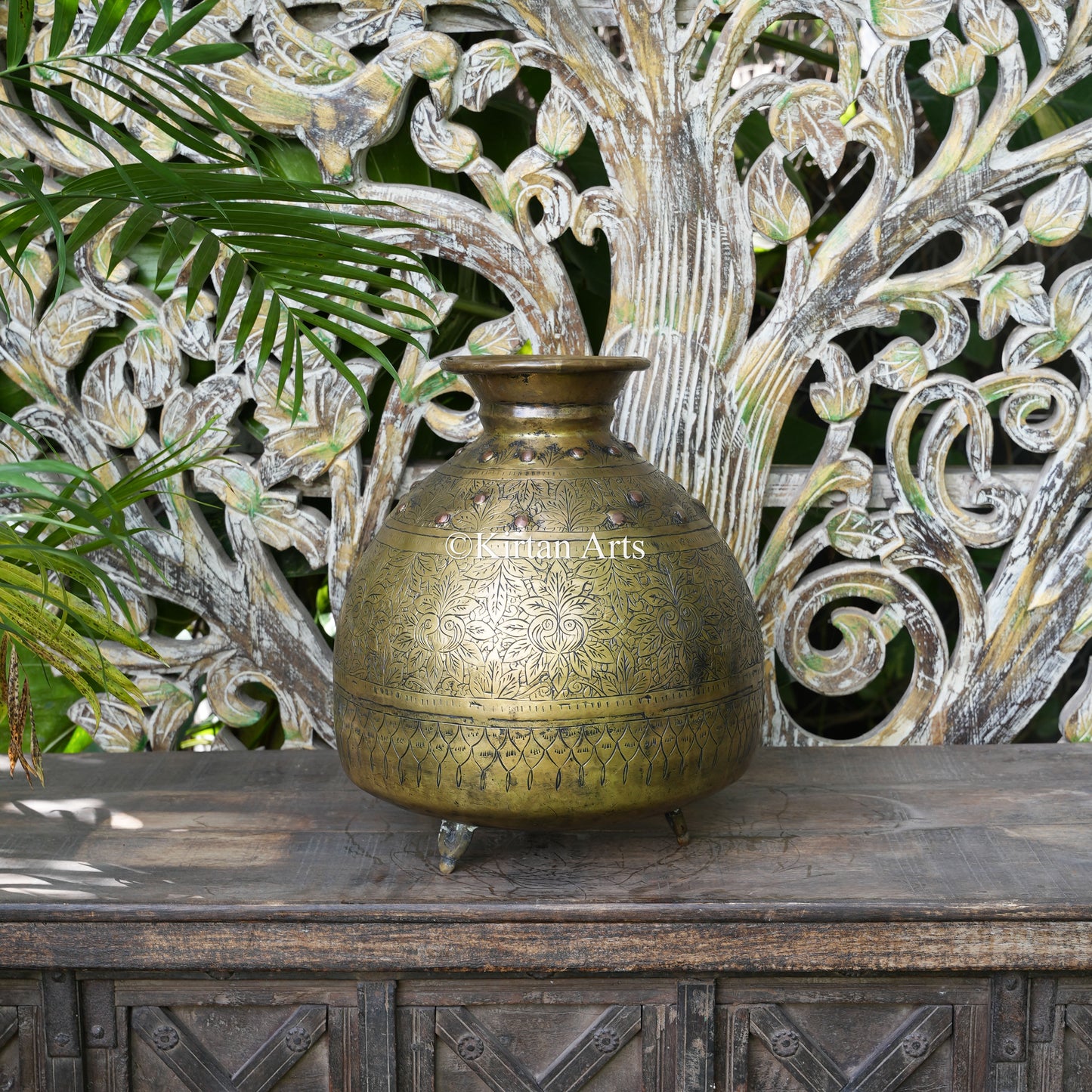 Brass Vintage Carved Beehive Planter with Copper Rivets 15"