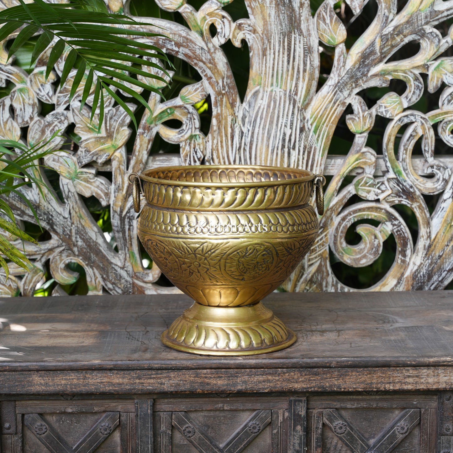 Brass Vintage Carved Pedestal Bowl Planter 10.5" | Lightweight
