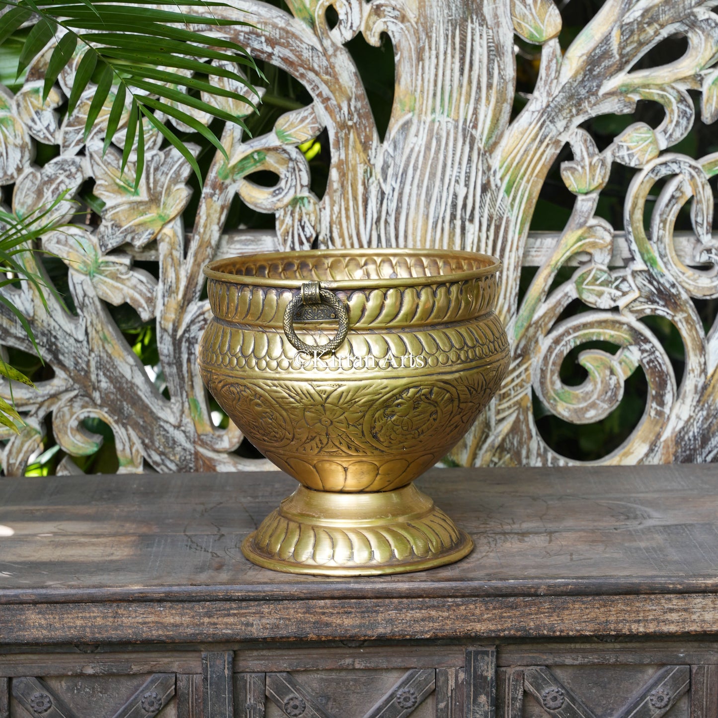 Brass Vintage Carved Pedestal Bowl Planter 10.5" | Lightweight