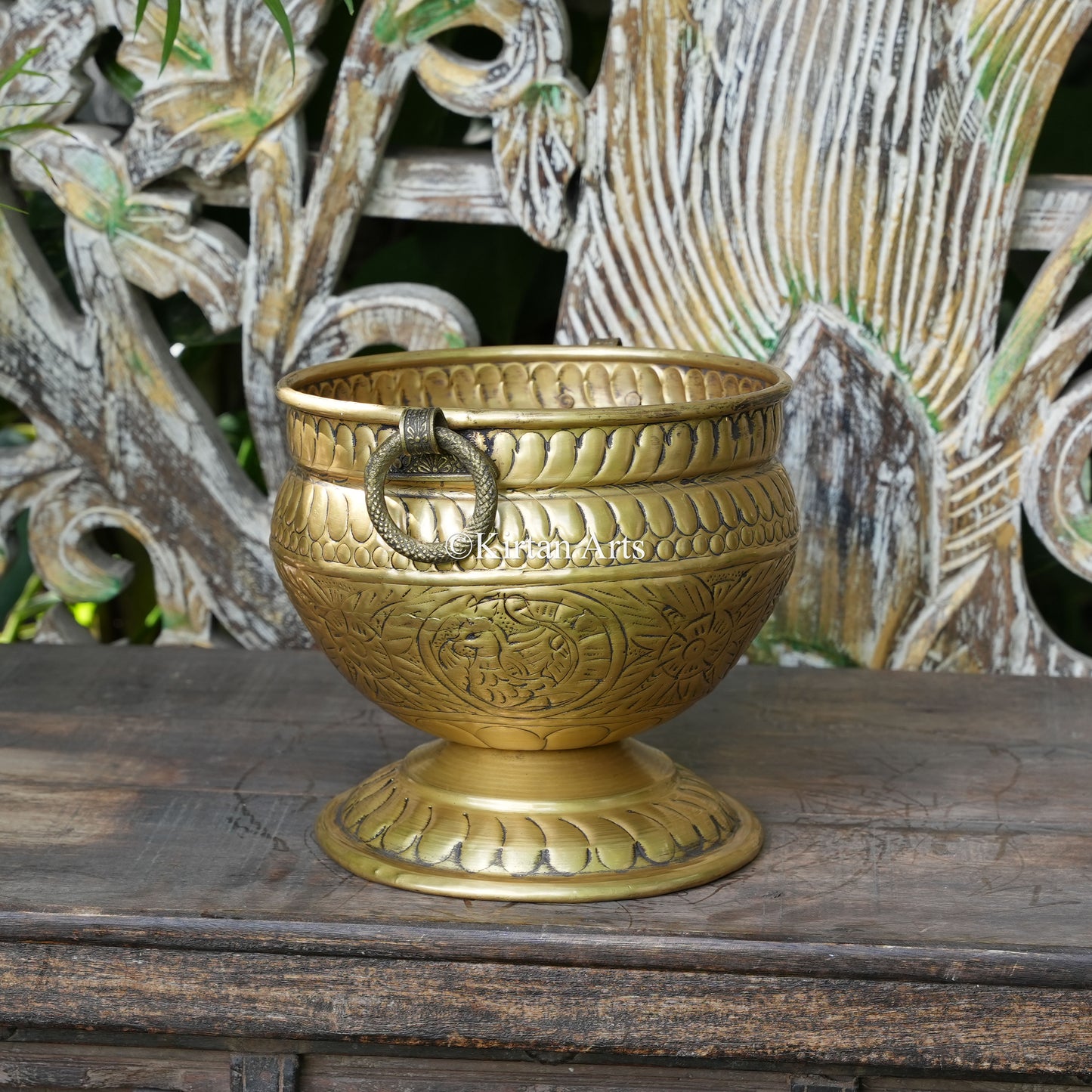 Brass Vintage Carved Pedestal Bowl Planter 8" | Lightweight