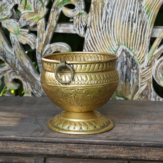 Brass Vintage Carved Pedestal Bowl Planter 8" | Lightweight