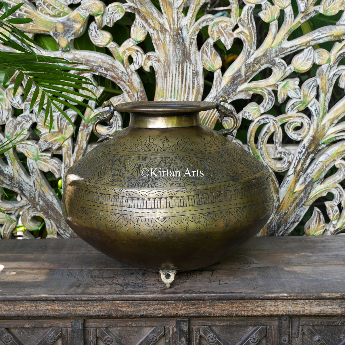 Brass Vintage Carved Wide-Rim Planter 16"