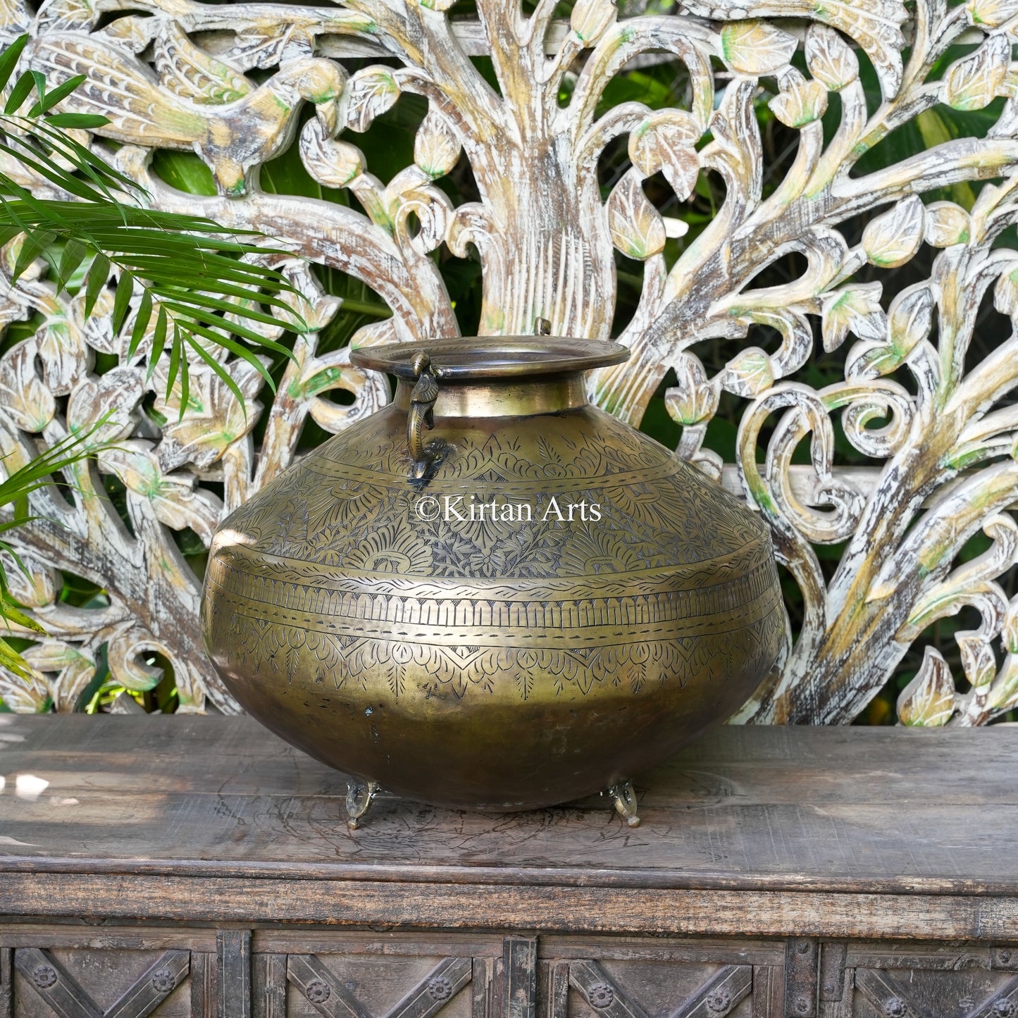 Brass Vintage Carved Wide-Rim Planter 16"