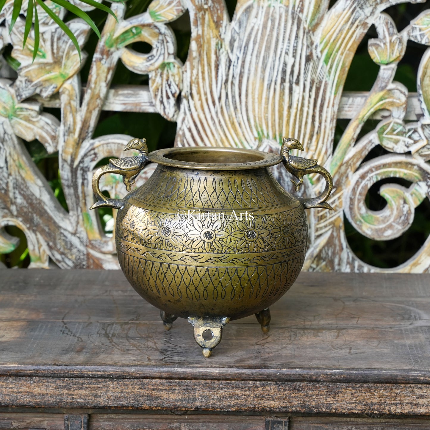 Brass Vintage Carved Planter with Peacock Handles 9.5"