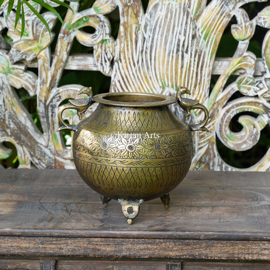 Brass Vintage Carved Planter with Peacock Handles 9.5"