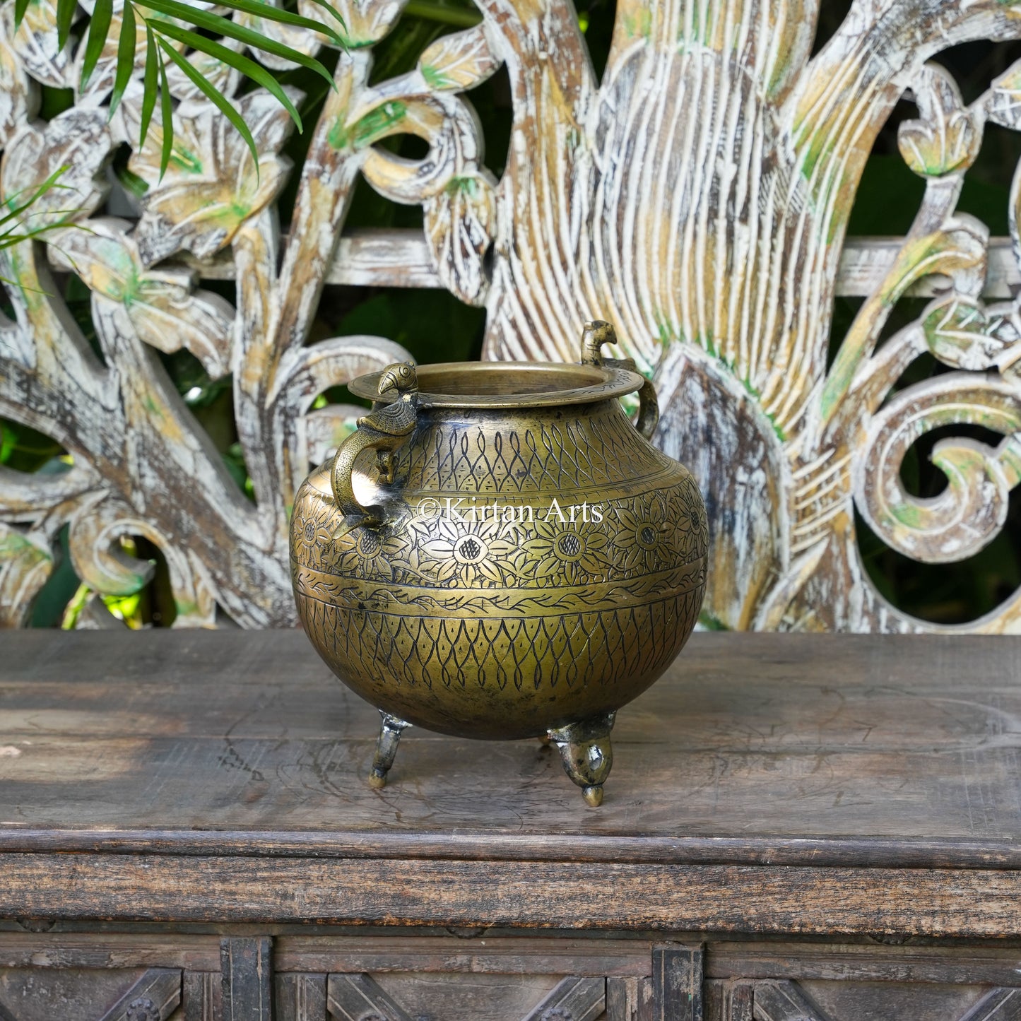 Brass Vintage Carved Planter with Peacock Handles 9.5"