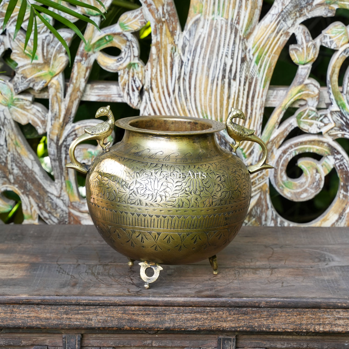Brass Vintage Carved Planter with Peacock Handles 10"