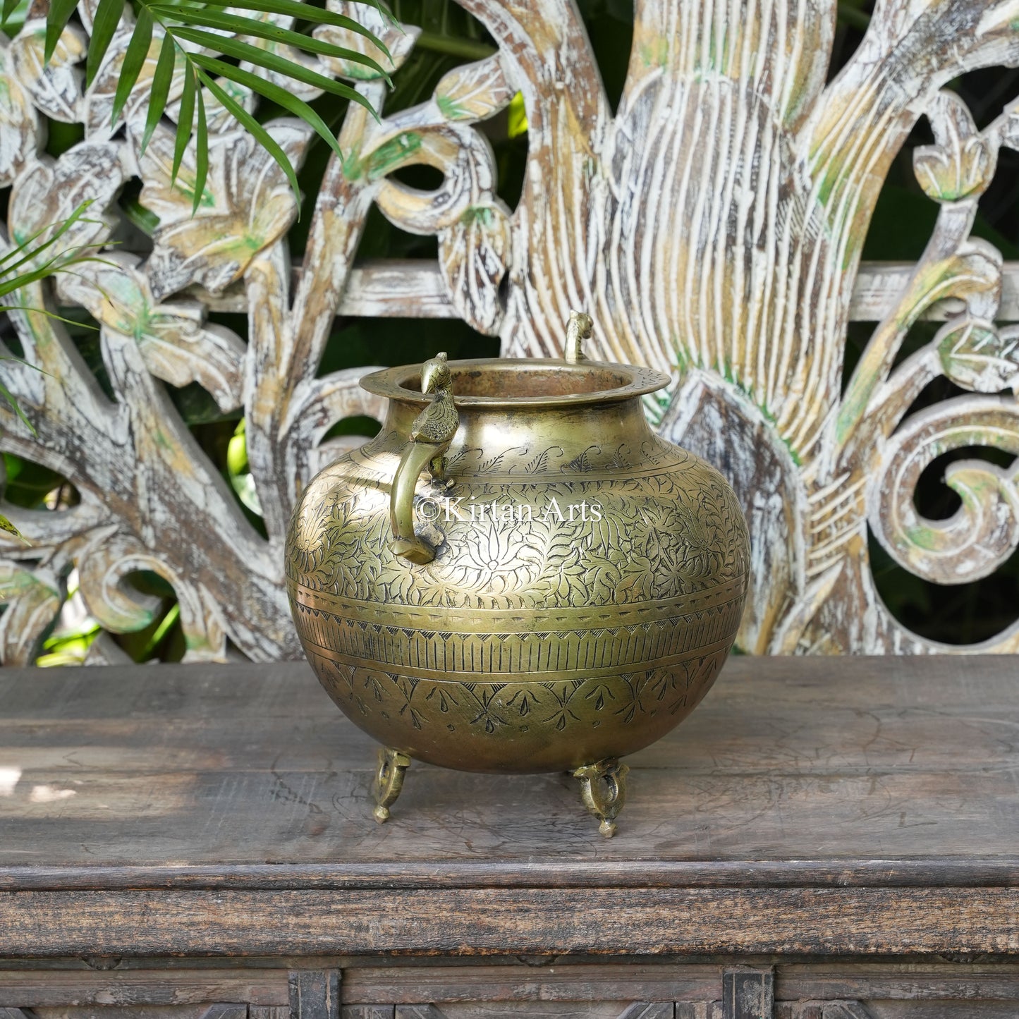 Brass Vintage Carved Planter with Peacock Handles 10"