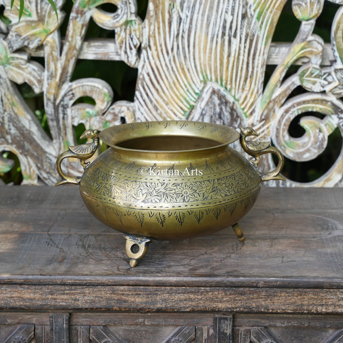 Brass Vintage Carved Bowl Planter with Peacock Handles 7"