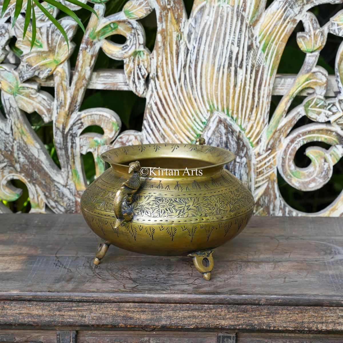 Brass Vintage Carved Bowl Planter with Peacock Handles 7"
