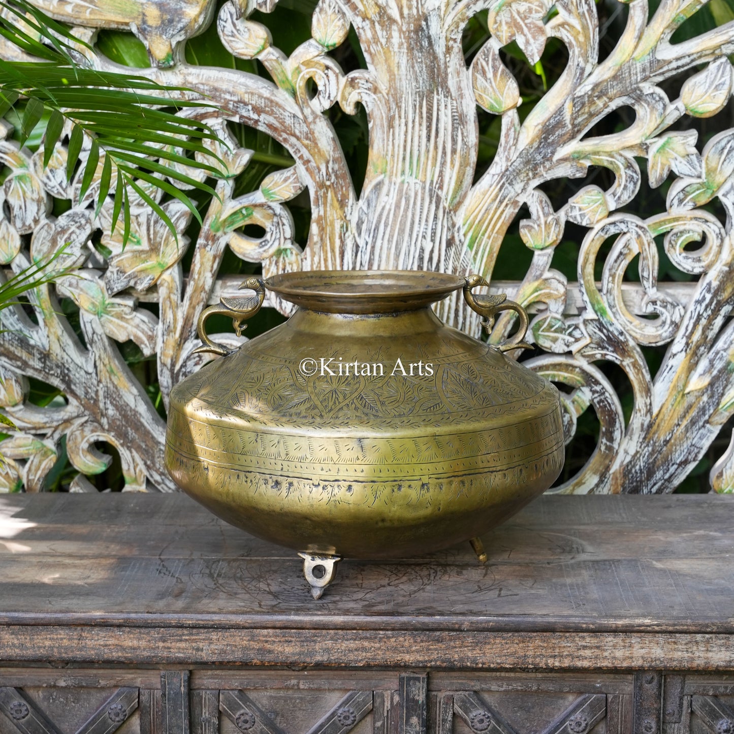 Brass Vintage Carved Wide-Rim Planter with Peacock Handles 12"
