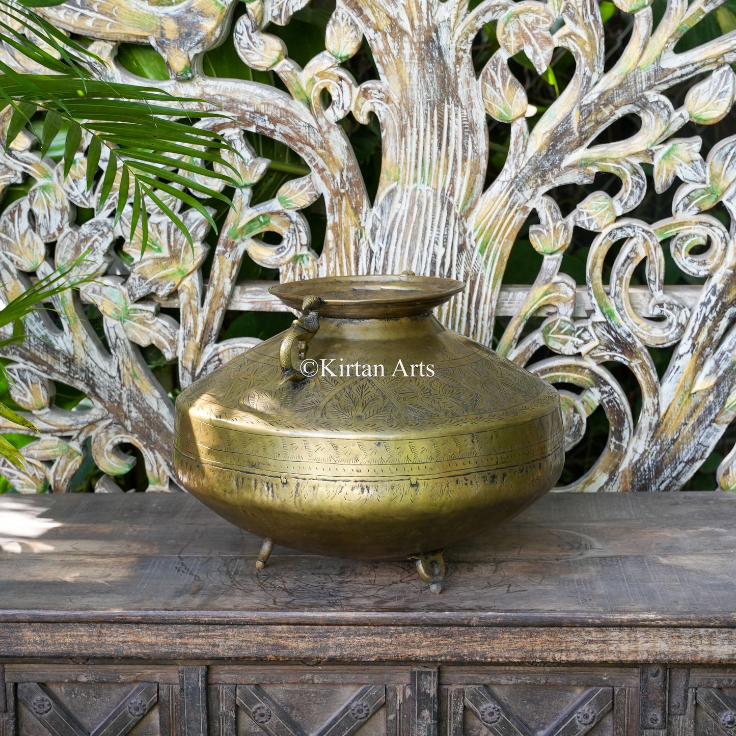 Brass Vintage Carved Wide-Rim Planter with Peacock Handles 12"