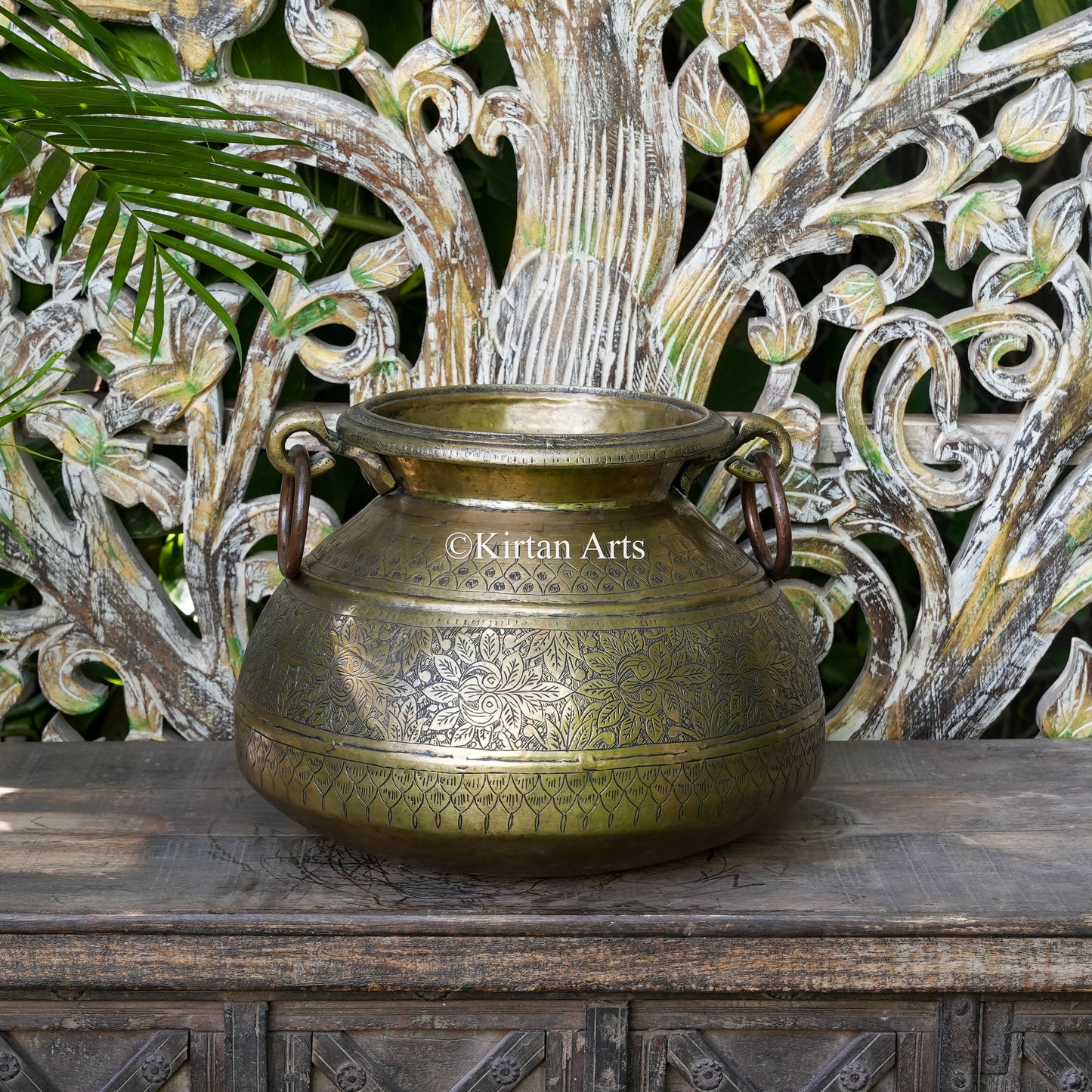 Brass Vintage Carved Handi Planter with Ring Handles 12"