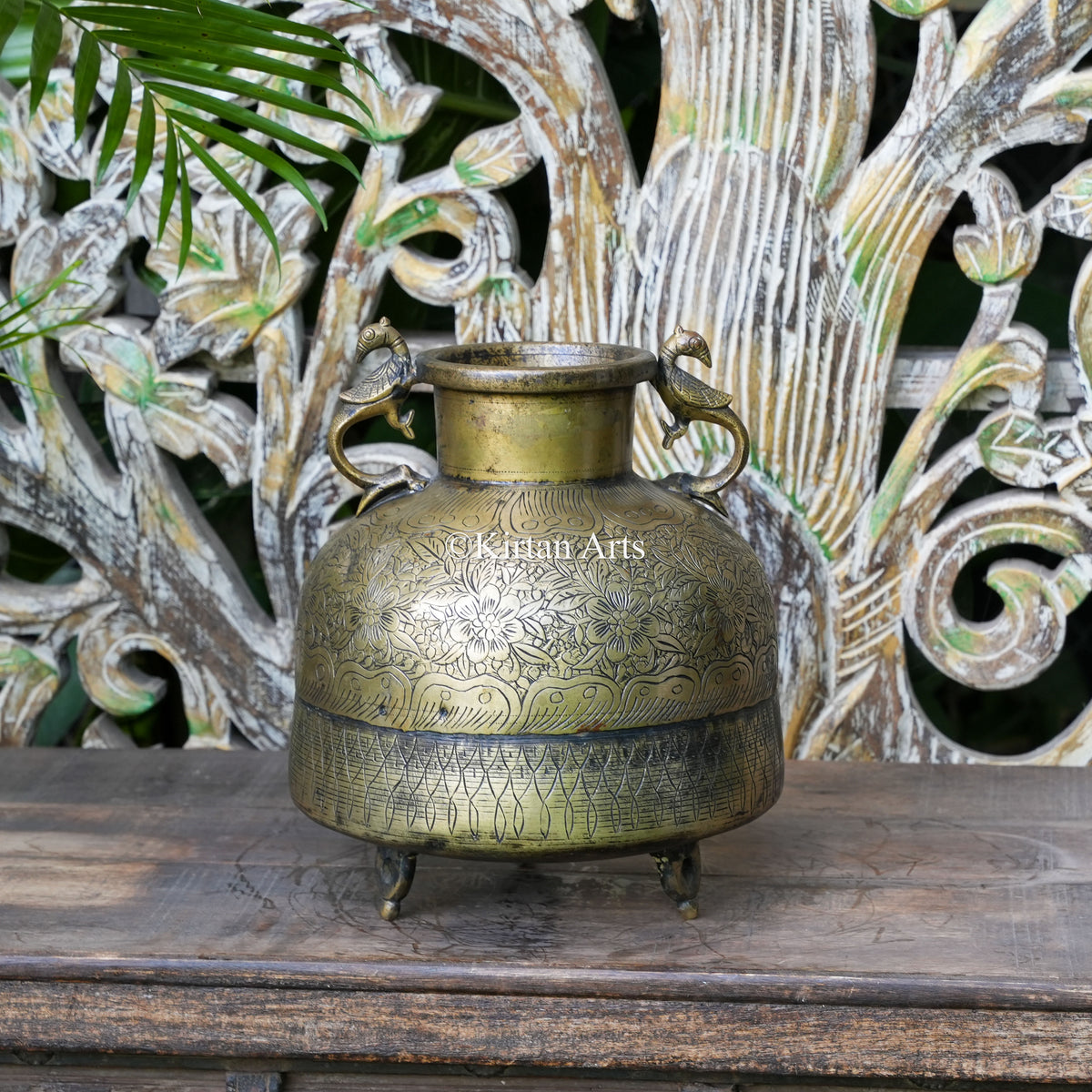 Brass Vintage Carved Planter with Peacock Handles 12"