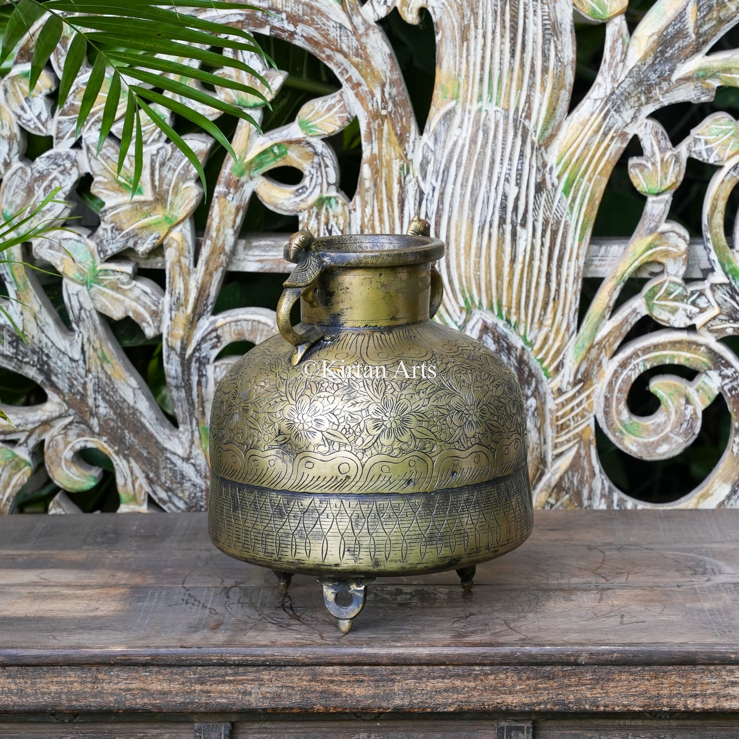 Brass Vintage Carved Planter with Peacock Handles 12"