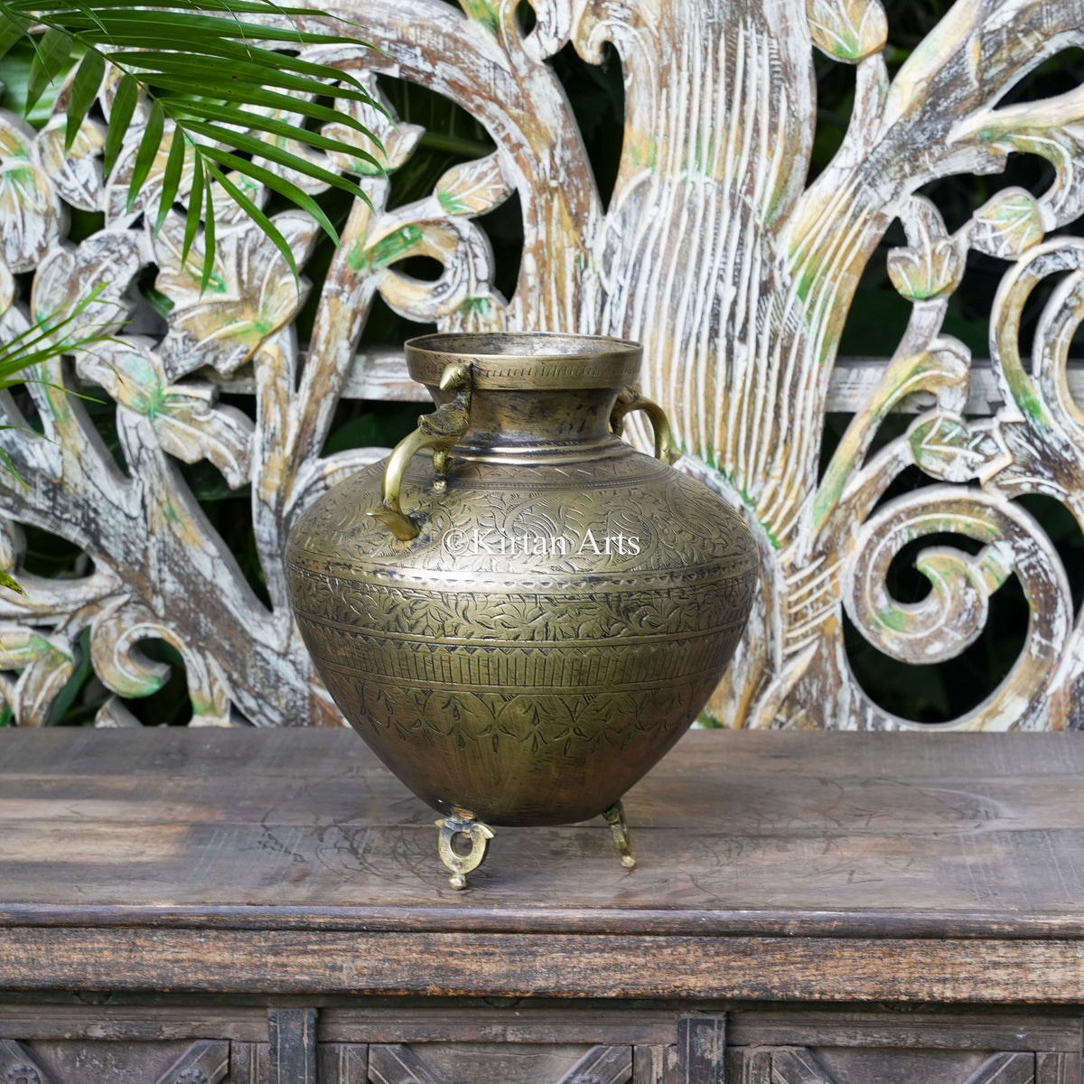 Brass Vintage Carved Planter with Peacock Handles 12"