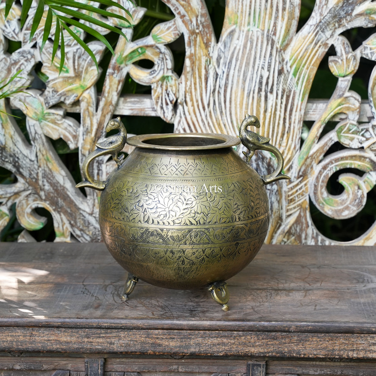 Brass Vintage Carved Pot with Peacock Figures 11"