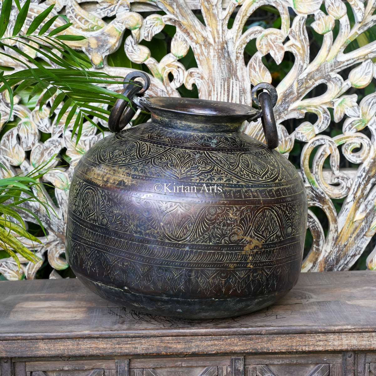 Dark Patina Brass Pot with Engraved Scrollwork and Ring Handles 20"