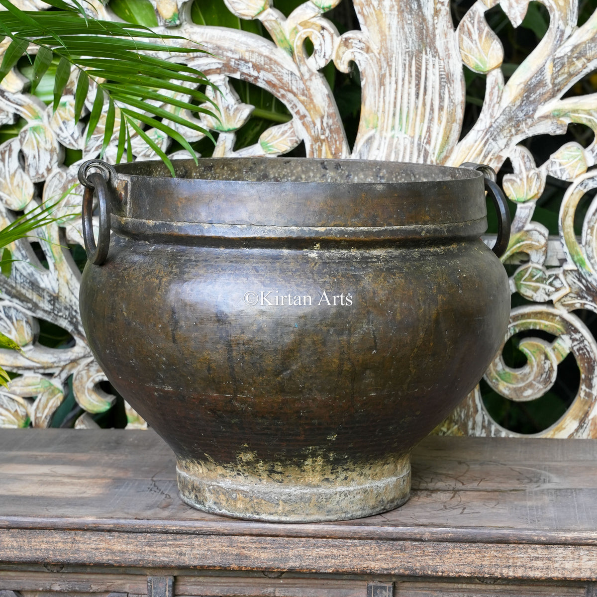 Antique Dark Patina Brass Planter with Riveted Band 14"
