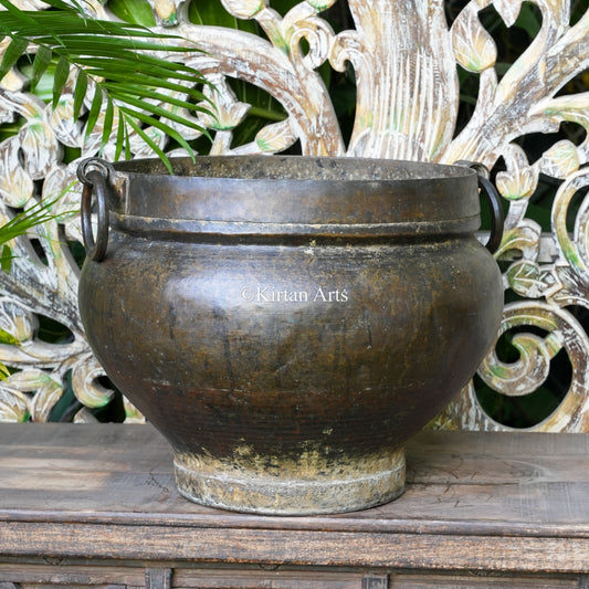 Antique Dark Patina Brass Planter with Riveted Band 14"