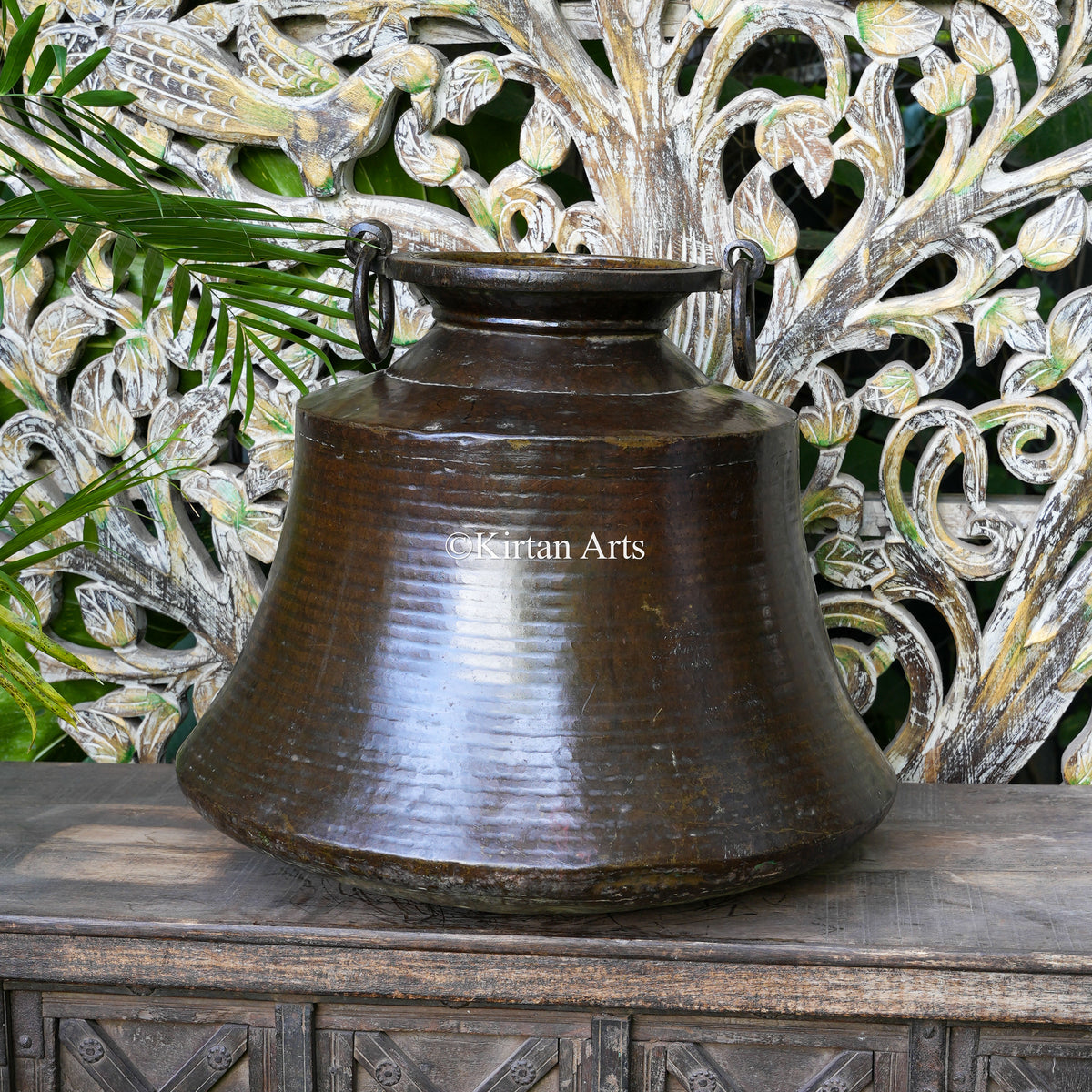 Antique Brass Conical Urn with Ribbed Body and Ring Handles 19"